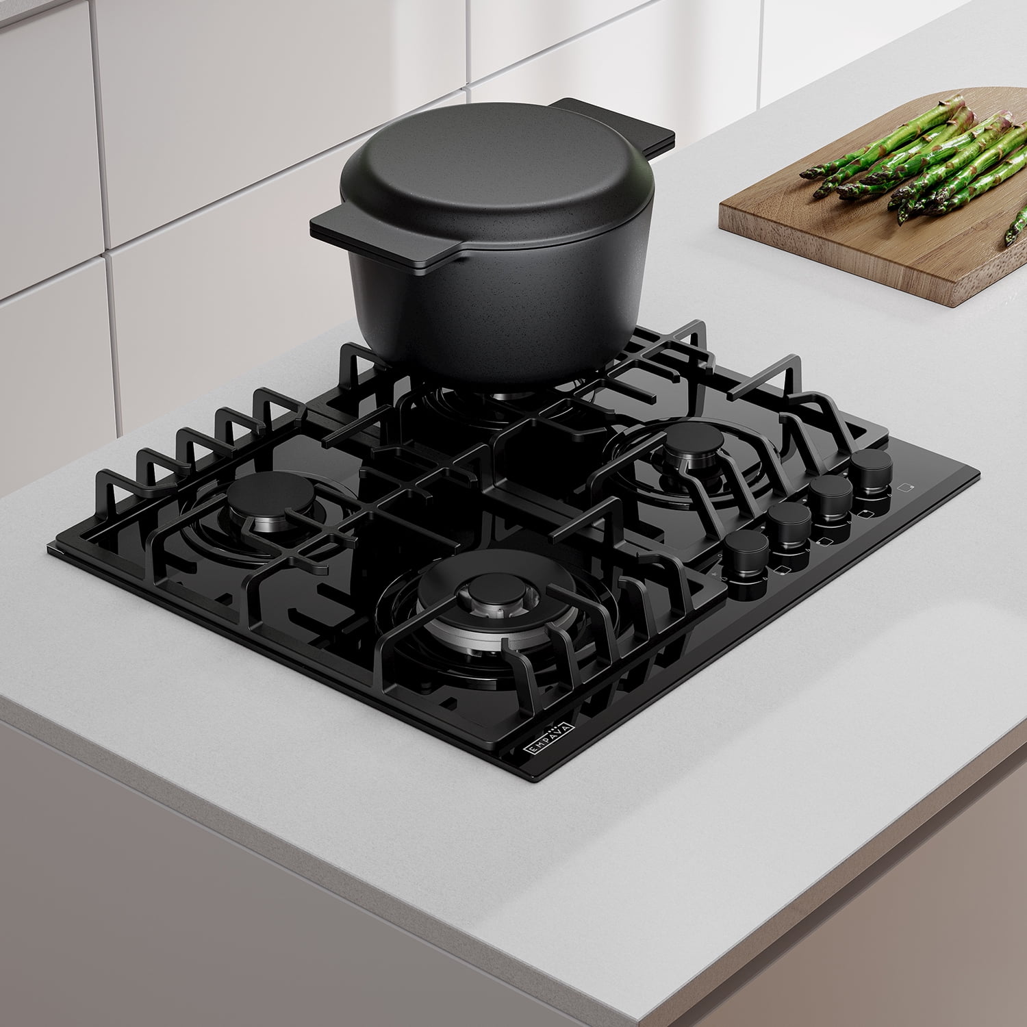Empava 24 in. Gas Stove Cooktop 4 Italy Sabaf Sealed Burners NG/LPG Convertible Tempered Glass in Black EMPV-24GC28