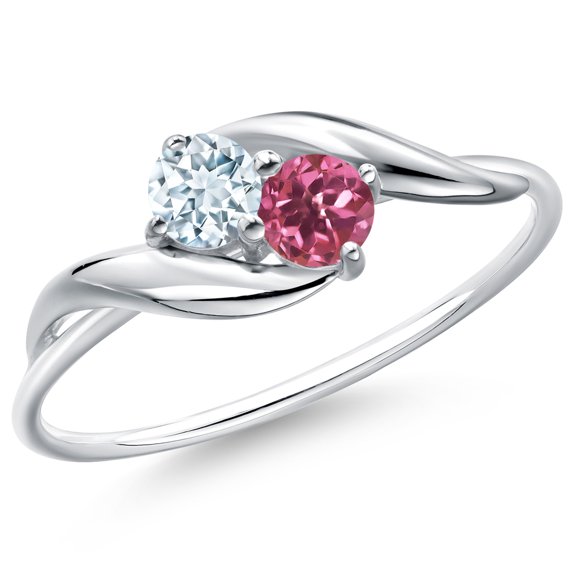 Gem Stone King 10K White Gold Round Sky Blue Aquamarine and Pink Tourmaline Ring for Women | 0.32 Cttw | Round 3.5MM | Gemstone Birthstone | Wedding Engagement Anniversary Promise Ring | Size 5