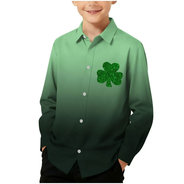RXMEKW Chemise à Manches Longues Imprimée pour la Saint-Patrick pour Garçons avec Col Rabattu, 95 % Coton 5 % Spandex, Vert