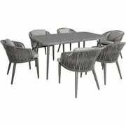 Mod Furniture Riley 7-Piece Mid-Century Modern Outdoor Dining Set with 6 Rope Cushioned Chairs and 63"x35" Faux Wood Top Table, Aluminum All-Weather