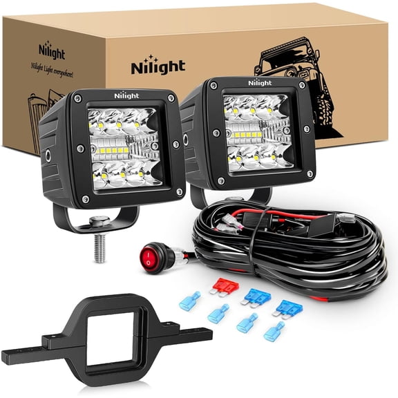 Nilight 2Pcs 3 Inch Led Pods Cubes 2 Inch Tow Hitch Mounting Brackets LED Backup Reverse Lights Rear Search Light Bar Wiring Harness Kit -2 Leads for SUV Truck Trailer
