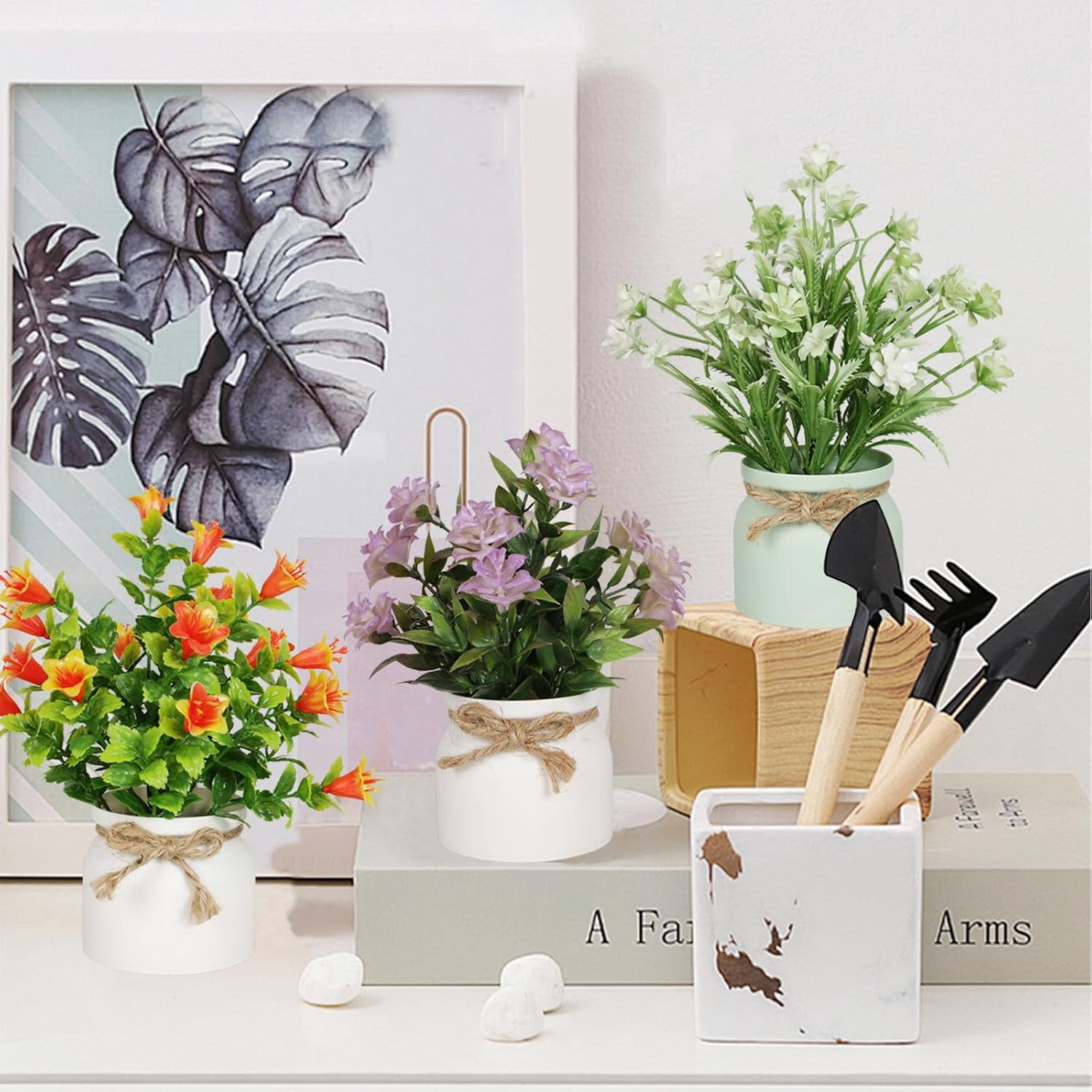 6pcs Artificial Pot Flowers Small Fake Plants Mini Potted Plants for House Office Tabletop Decoration