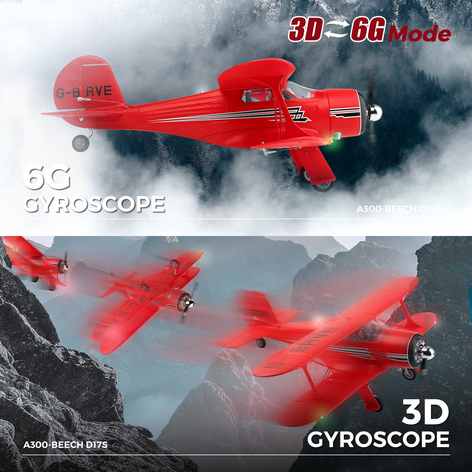 WLtoys A300 4-Ch RC Plane, Beechcraft D-17 RC Airplanes with Lights, 6G/3D Brushless RC Planes with 2 Batteries, 2.4G Remote Control RC Airplanes