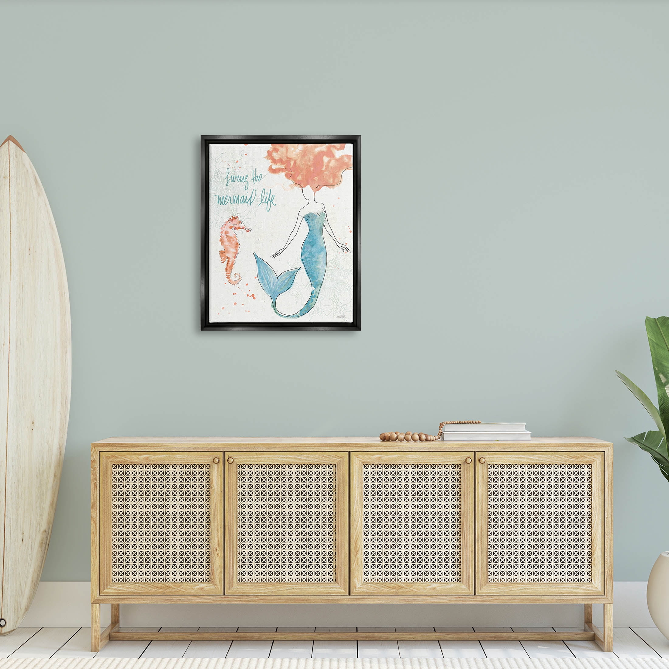 Stupell Industries Living The Mermaid Life Phrase Graphic Art Jet Black Floating Framed Canvas Print Wall Art, Design by Anne Tavoletti