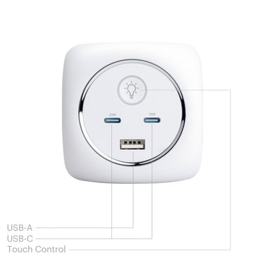 Onn. 45W Multi-Port Wall Charger, Fast Charging, dual USB-C ports and USB port, with Night-Light feature, White