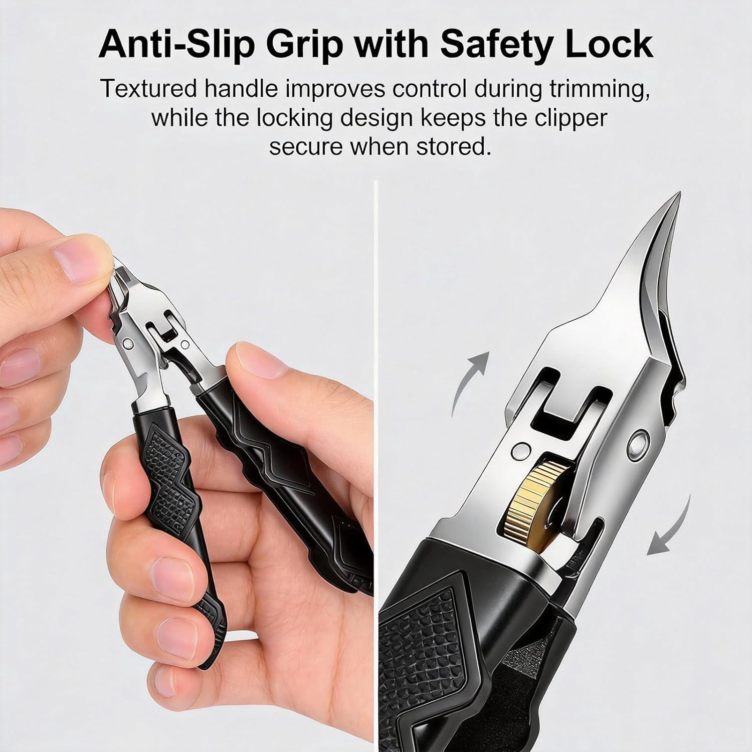 Black Anti-Slip Grip Gear Lock Nail Clipper Set with Ultra-Sharp Tips for Precise Access to Nail Grooves, Wide Jaw Opening Anti-Splash Slanted Nails Clipper for Clippers Thick Nails