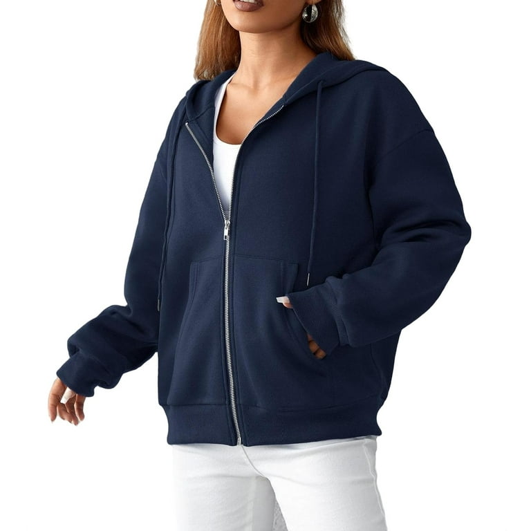 Casual Plain Hooded Zip Up Long Sleeve Navy Blue Women Sweatshirts (Women's), Size: XL(12)