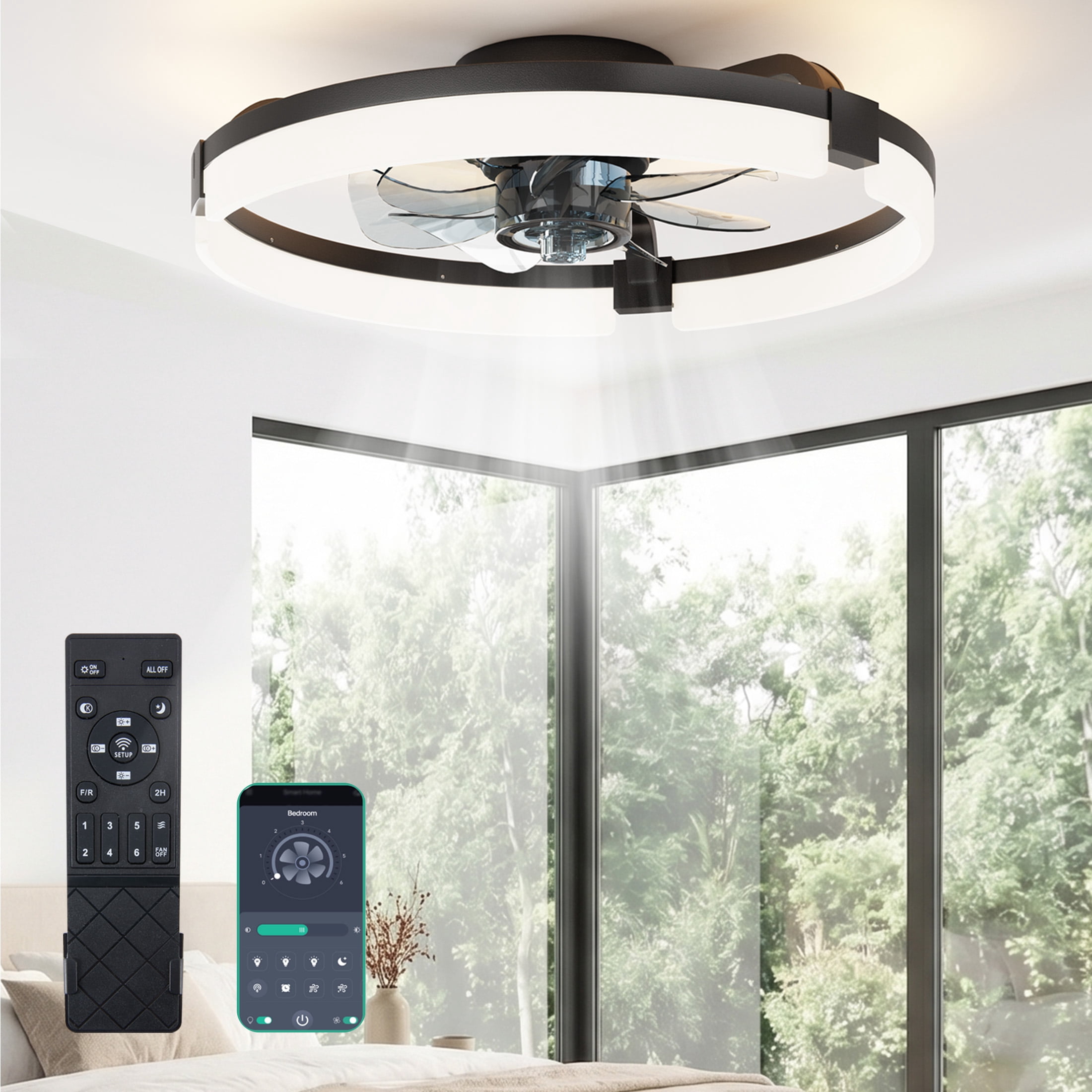 EDX Low-Profile Ceiling Fan with Light & Remote, Bluetooth App Control, Reversible Motor, Dimmable LED 3000K-6500K, Memory Function, 1-6H Timer, Quiet 44dB Flush Mount Fan