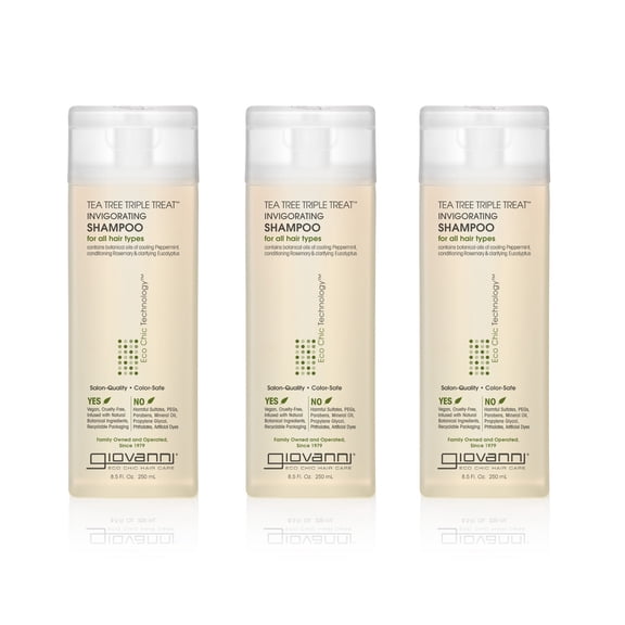 Giovanni Tea Tree Triple Treat Iinvigorating Shampoo, 8.5 oz. Cooling Peppermint, Conditioning Rosemary, Clarifying Eucalyuptus, Sulfate Free, No Parabens (Pack of 3)