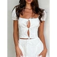 thumbnail image 2 of Michellecmm  Women's Eyelet Crop Tops Short Sleeve Square Neck Tie Front T-Shirts, 2 of 9