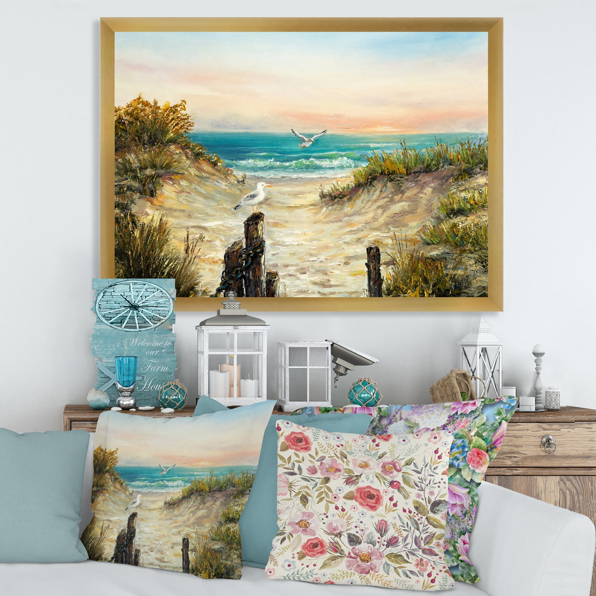 Ocean Dunes During Pink Sunset on Beach 32 in x 24 in Framed Painting Canvas Art Print, by Designart