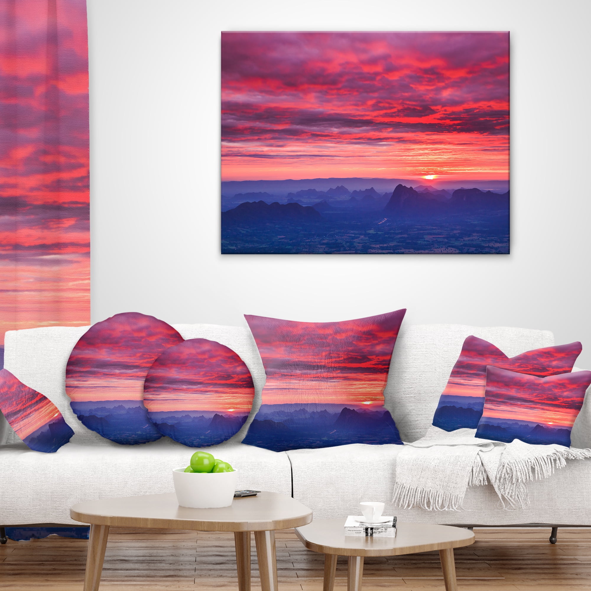 Designart Red and Blue Winter Mountains - Landscape Photography Throw Pillow - 18x18