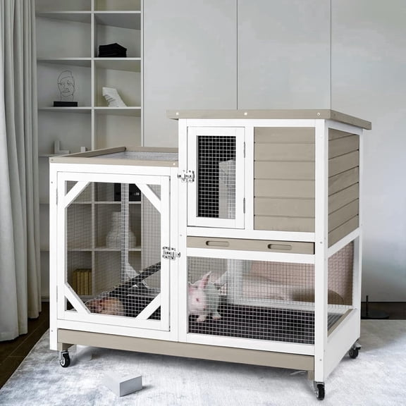 Aivituvin Outdoor Rabbit Hutch Indoor Bunny Cage-Mocca Without Wire Mesh
