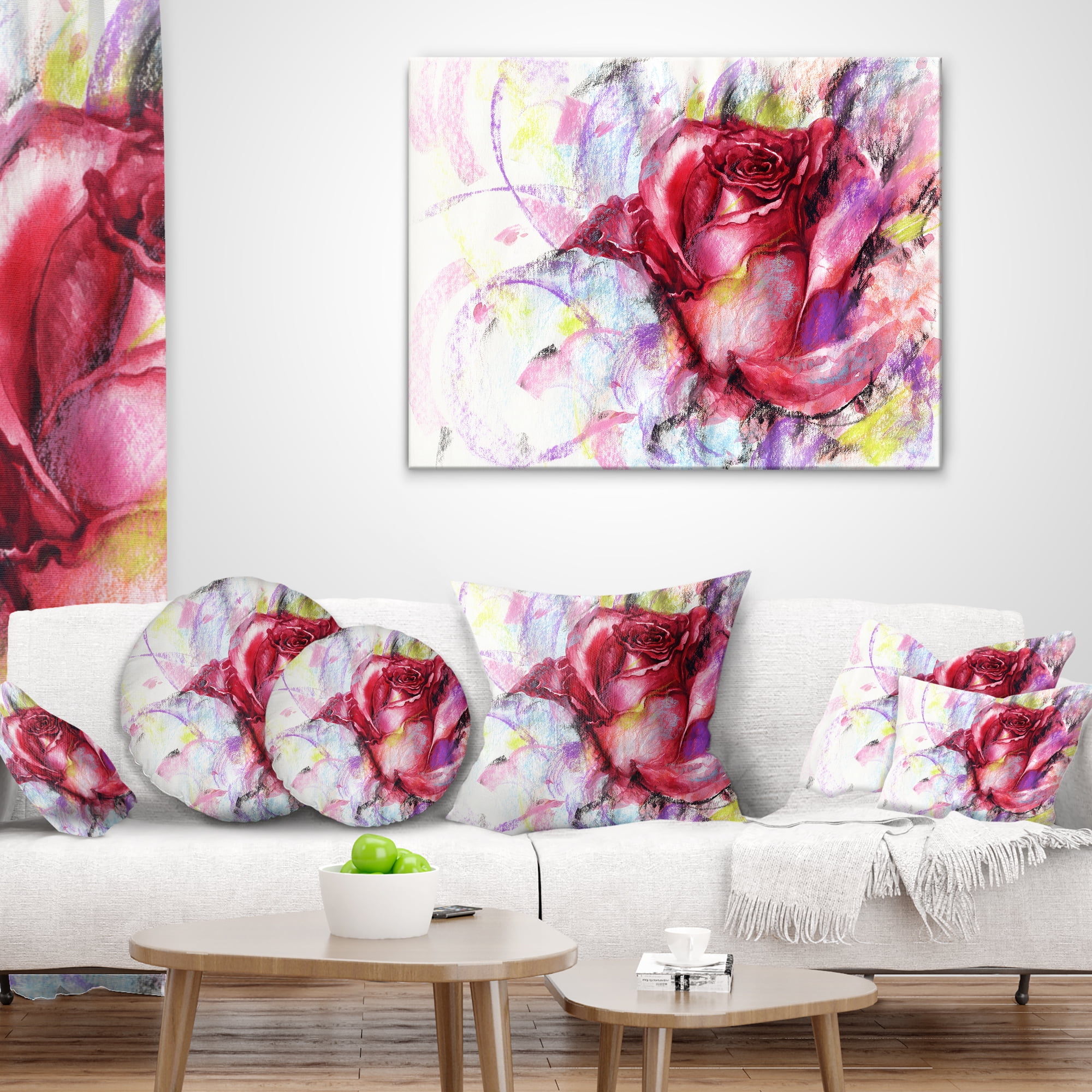 Designart Red Rose Illustration - Floral Throw Pillow - 12x20