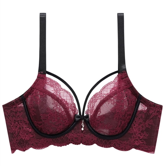 Women's Soft Lace Bra Push up Unlined Underwire Sheer Bralette Wine S