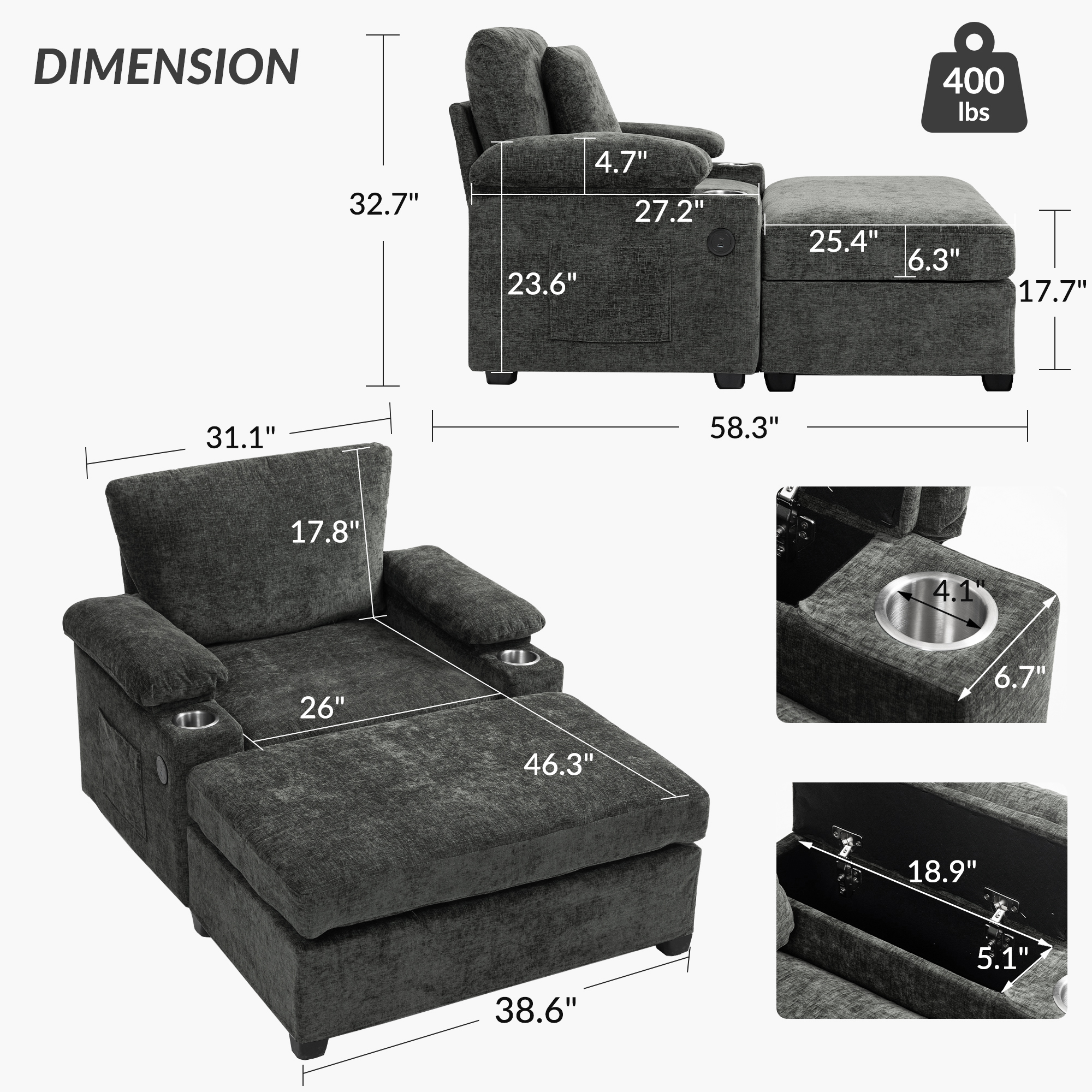 Alvantor Oversized Lounge Chair with Ottoman, Chenille Accent Armchair with Cupholders & USB Charging for Living Room Dark Gray