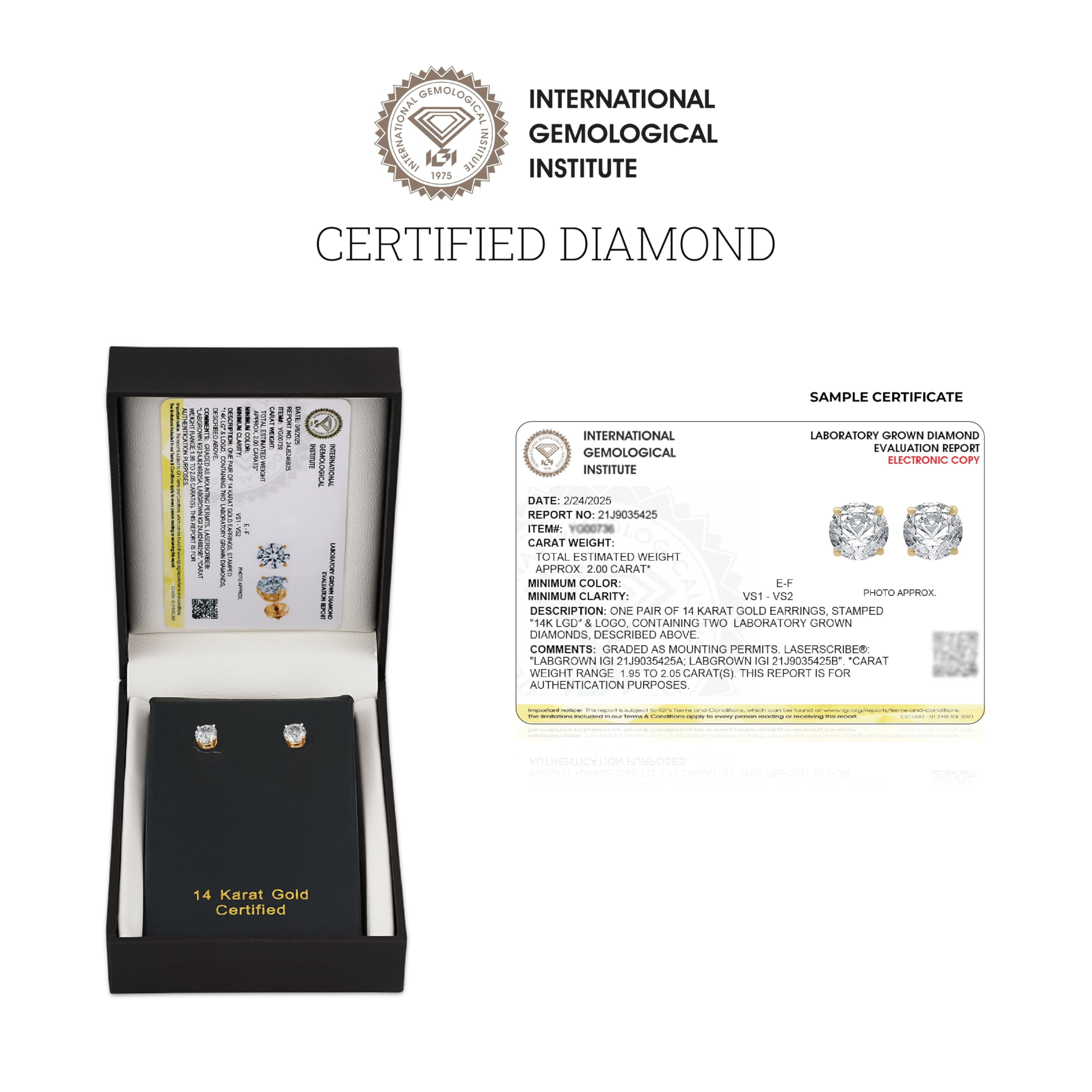Gilded 2 Carat Total Weight IGI Certified Lab-Grown Diamond 14KT Yellow Gold Stud Earrings for Women| Hypoallergenic Fine Gold Jewelry|4-Prong Basket, Push Back Nut|VSI1 Clarity, E-F Color, Round Cut