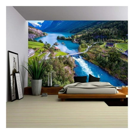 wall26 - Beautiful Nature Norway Natural Landscape Aerial Photography. Lovatnet Lake. - Removable Wall Mural | Self-adhesive Large Wallpaper - 66x96