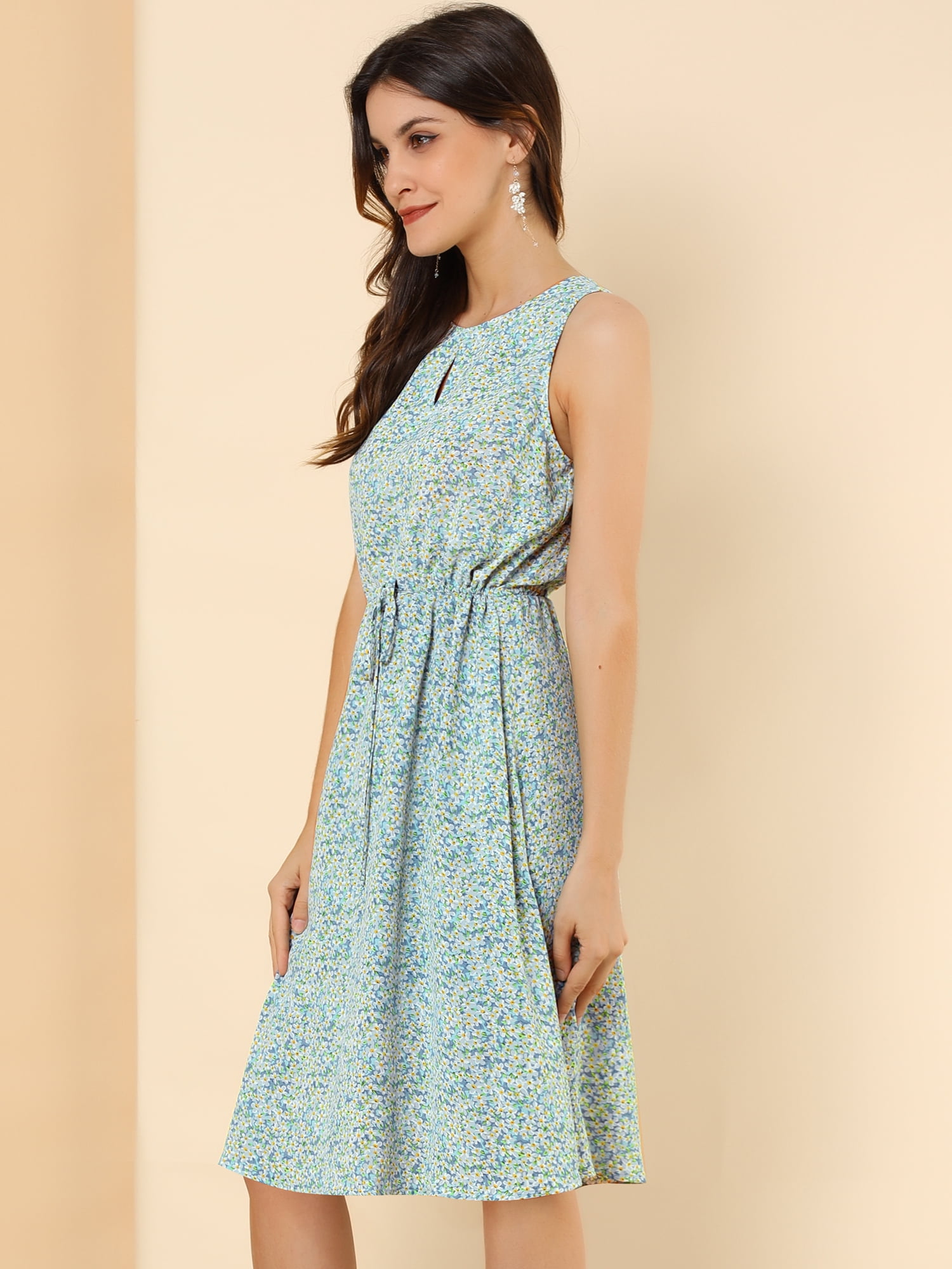 DARING DIVA Floral Sleeveless Drawstring Waist A-Line Dress 3XL Light Blue