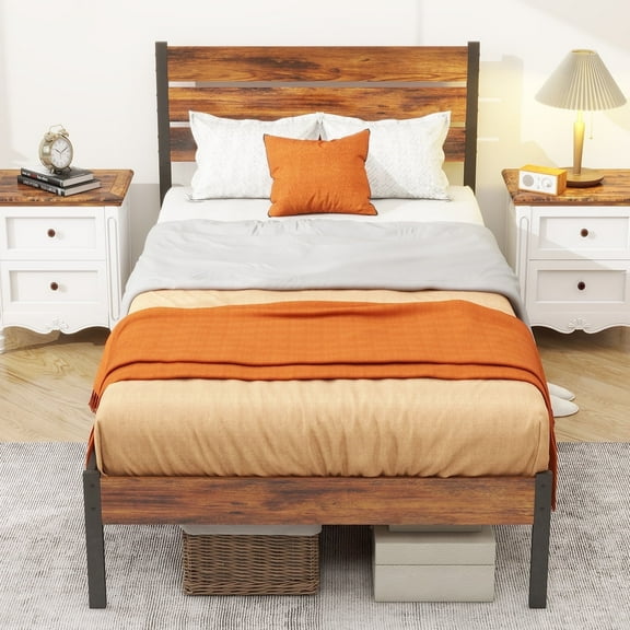 Twin Bed Frame, Mattress Foundation with Headboard, No Box Spring Needed, 700LBS Sturdy Metal Slats Support, Noise Free