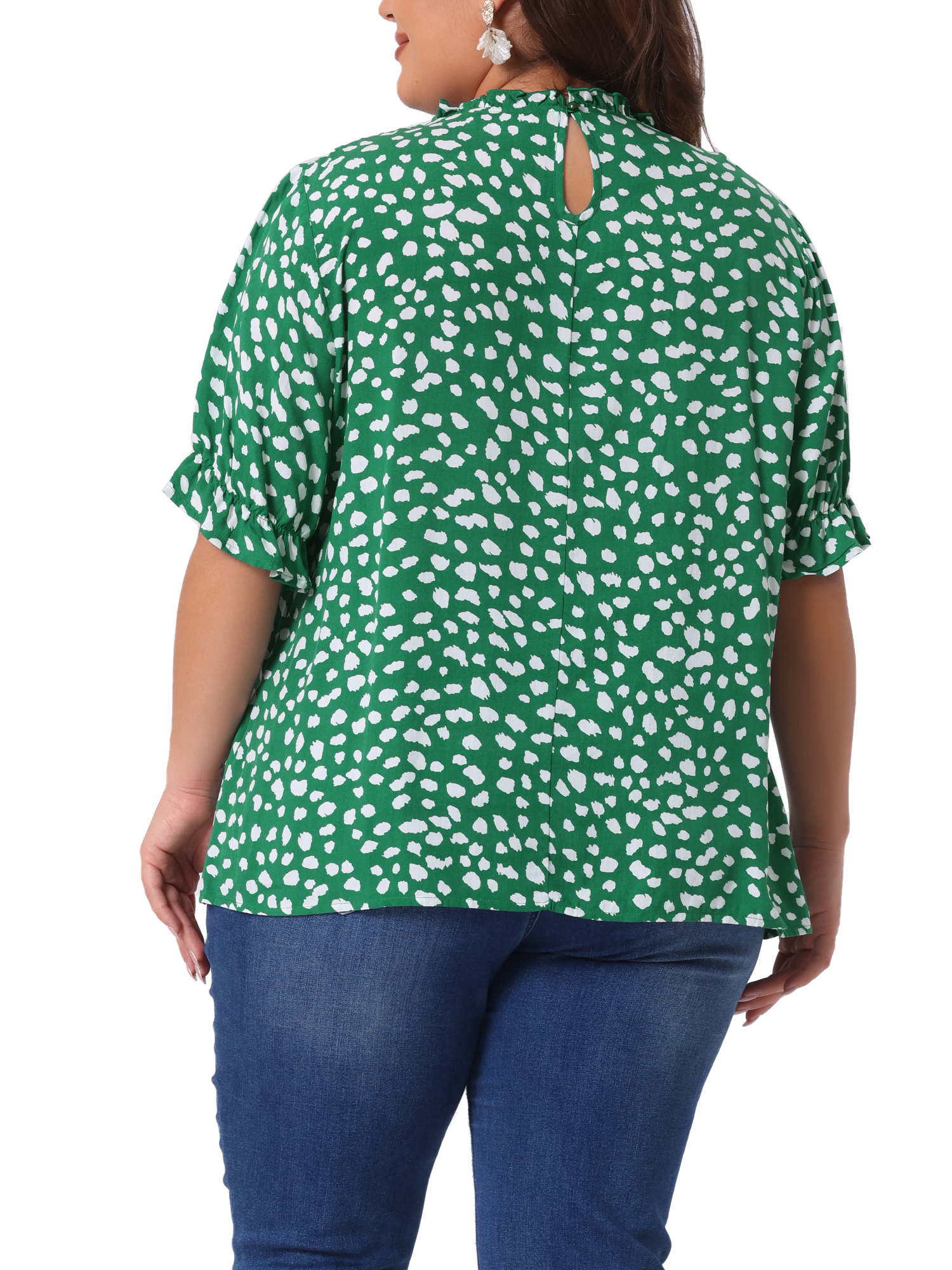 DARING DIVA Women's Plus Polka Dots Print Ruffle Hem Mock Neck Blouse 2X Green