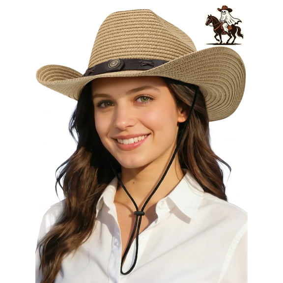 KOITHOT Cowboy Hat for Women Sun Straw Hat Summer Foldable with Adjustable Strap, Khaki