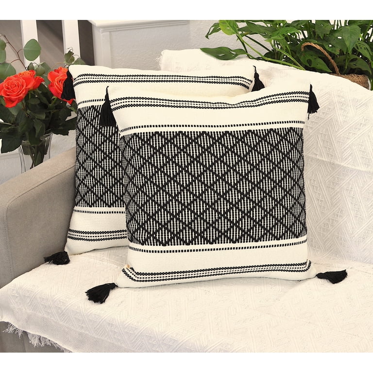 Throw Pillow Covers With Boho Tassels Black And White 16x16 inch Set of 2 Decorative Living Room Plaid Cushion Covers Farmhouse Designer Woven