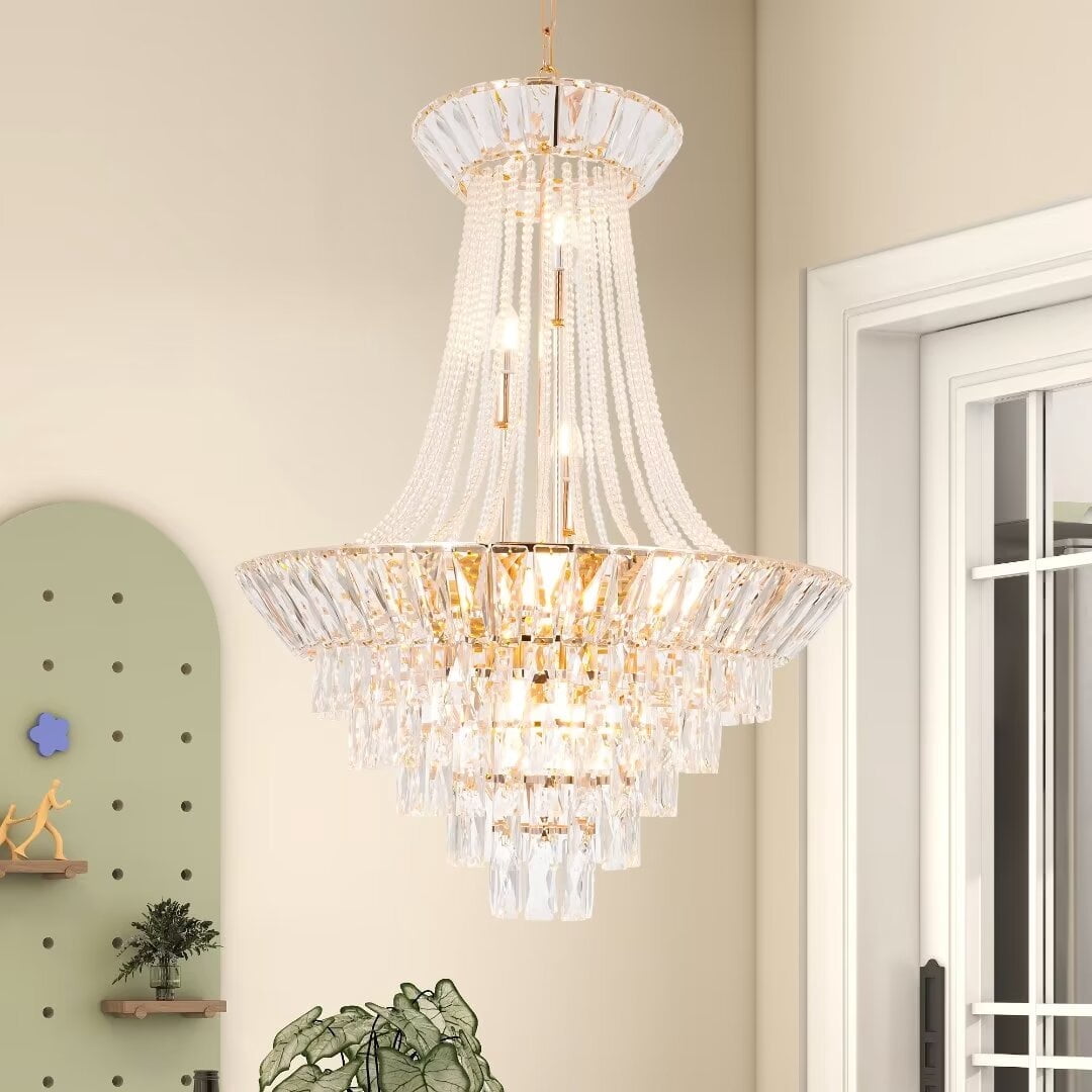 FINE MAKER French Empire Crystal Chandelier, High Ceiling Modern Chandelier, Gold Chandelier Fixture for Dining Room, Living Room (23″W x 53″H)