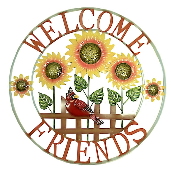 Home & Garden Welcome Friends Wall Handing Metal Red Bird Sun Flower 31835580