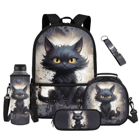 Yuyamidu Gothic Black Cat Backpack for 4th-5th Grade Girls Ages 8-10, 17 Inch Lightweight Sturdy Bookbag with Lunch Box, Pencil Case, Water Bottle Holder & Keychain, Set of 5, Back to School