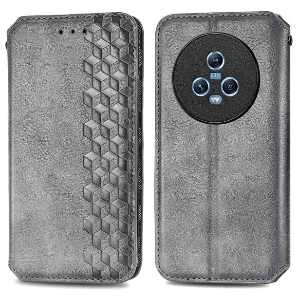 KAIYANG Funda de cuero con estampado de rombos para teléfono Honor Magic5, funda tipo billetera a prueba de golpes, funda con tapa y soporte para teléfono, estilo F Honor Magic5 gris