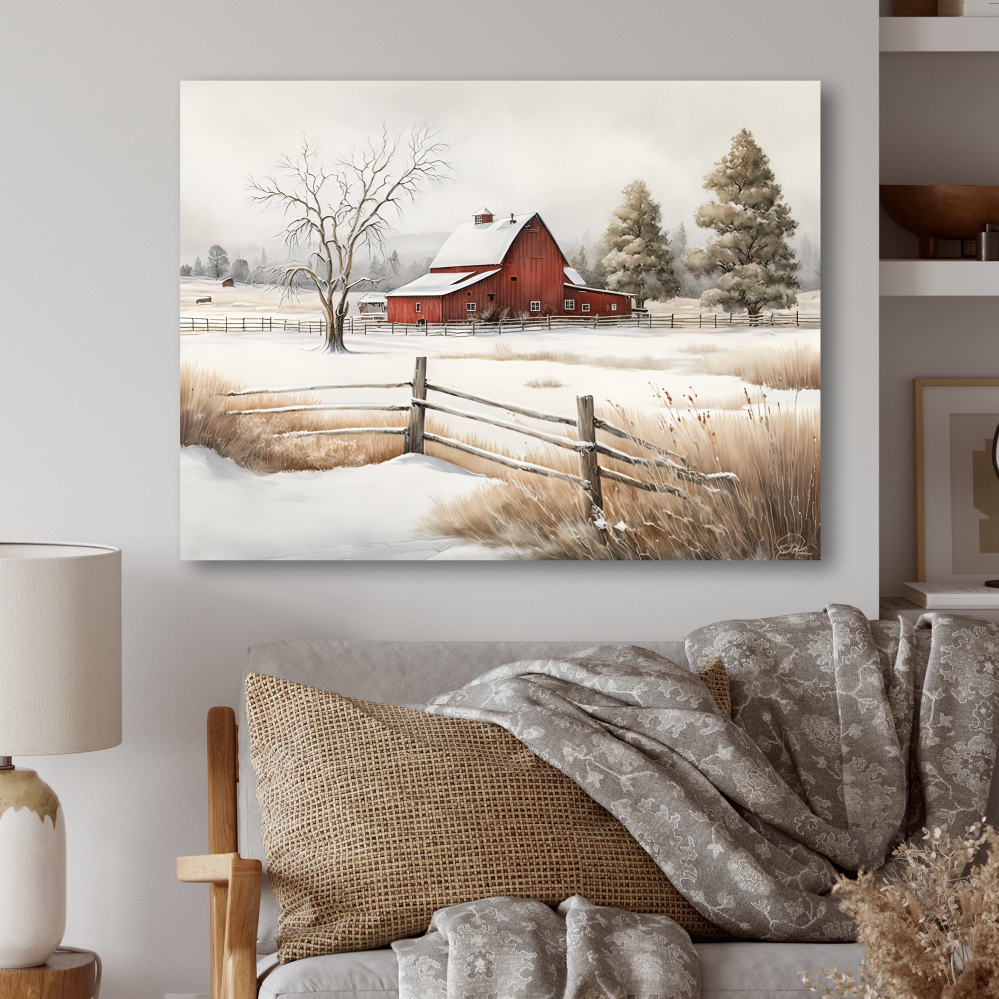 Designart Red Barn Scenery In Winter VI Canvas Wall Art