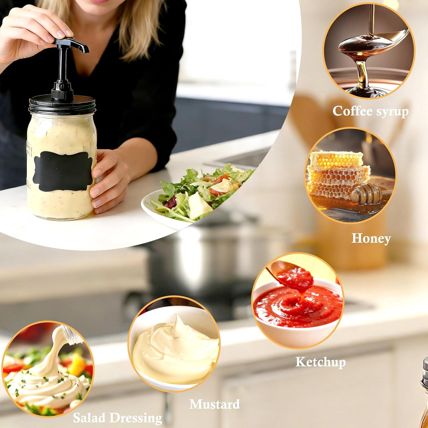 32 oz Mason Syrup Sauce Honey Dispenser Pump Bottle 1 Quart Wide Mouth Glass Coffee Condiment Ketchup Container For mayo, maple syrup, mustard, salad dressing Food Grade Airtight & Leak-Proof