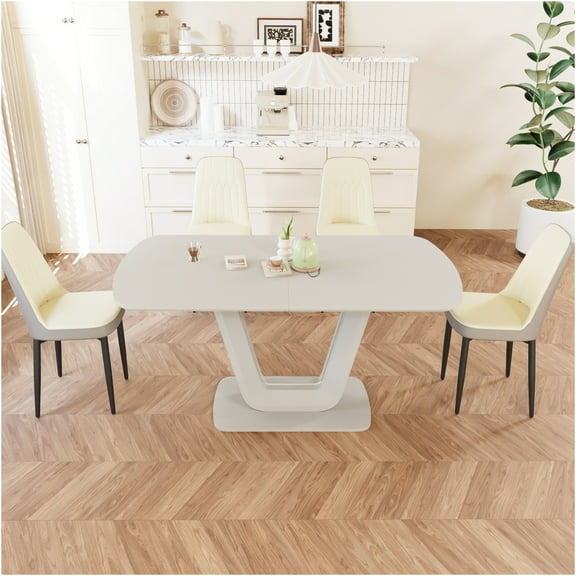 JERFIT Expandable Dining Table Set for 8 with PU Chairs, U-Shaped Legs, Beige Grey MDF Kitchen Table for 2 to 8 People