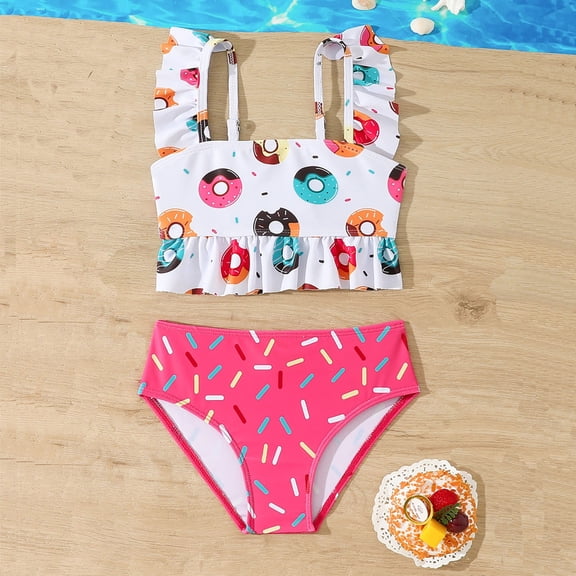 SHenli Girls Tankini Swimsuit Two Piece Bathing Suit Ruffled Doughnut Print Beachwear Swimming Suits for 4-8Y