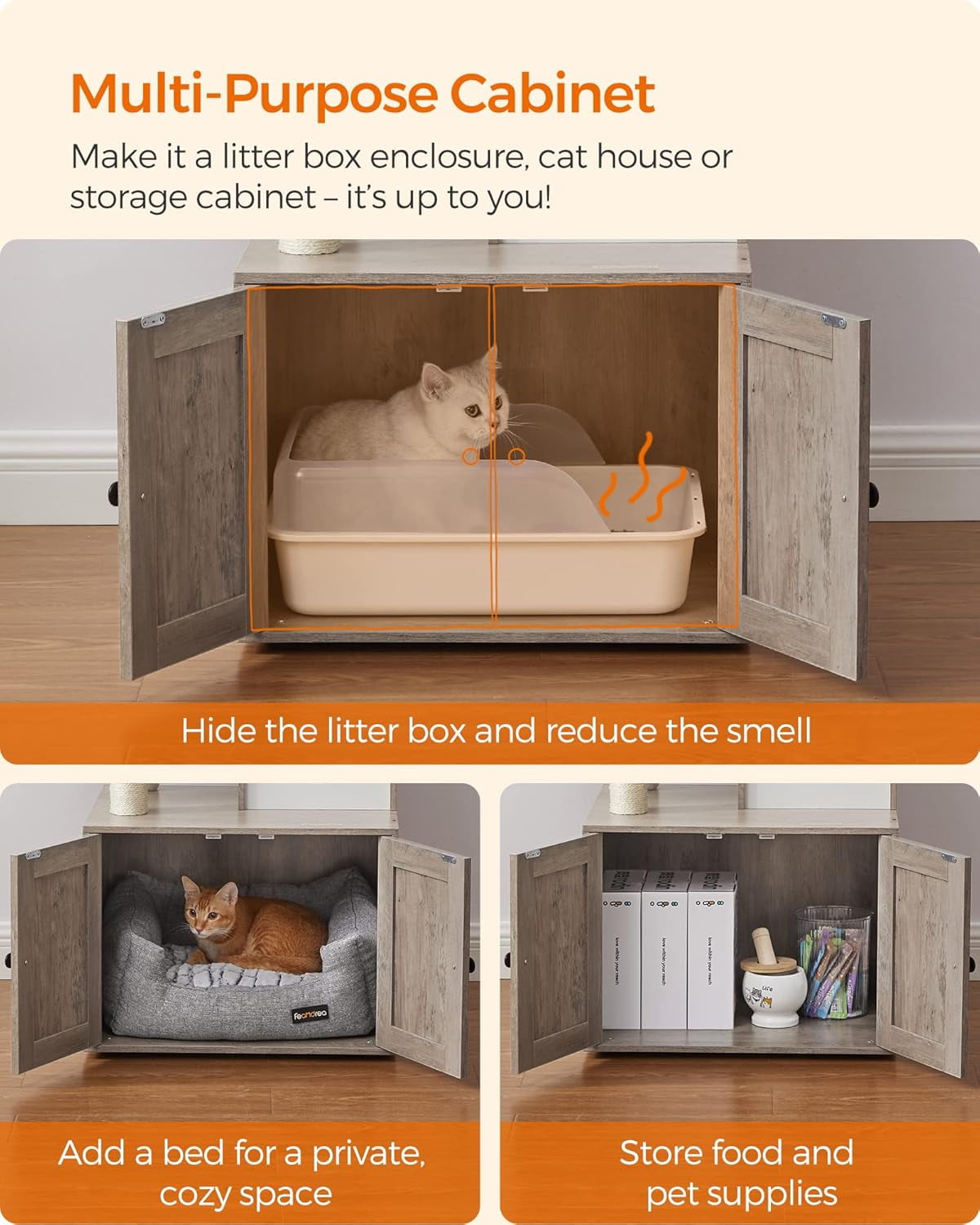 Favory Cat Tree with Litter Box Enclosure, 59-Inch Modern Cat Tower, 2-in-1 Condo with Scratching Posts, Washable Removable Cushion, Greige UPCT113G01