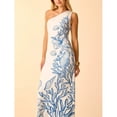 thumbnail image 4 of Blue And White Womens Boho Tropical Seahorse Coral Shell Print One-Shoulder Ruched Maxi Vacation Dress, 4 of 7