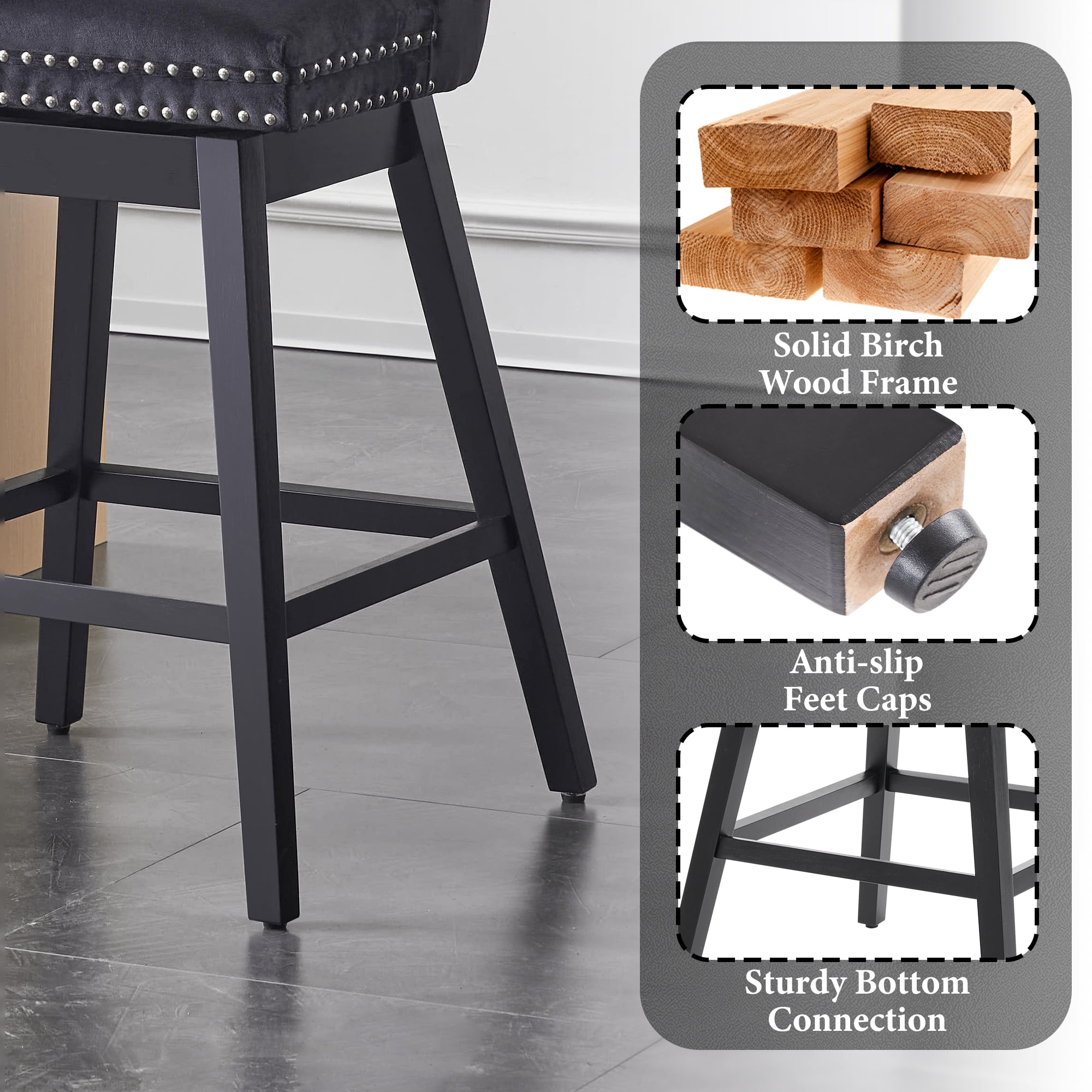 TEWLOSS 30" Swivel Bar Height Bar Stools with Back Set of 2, Black Velvet Kitchen Stools