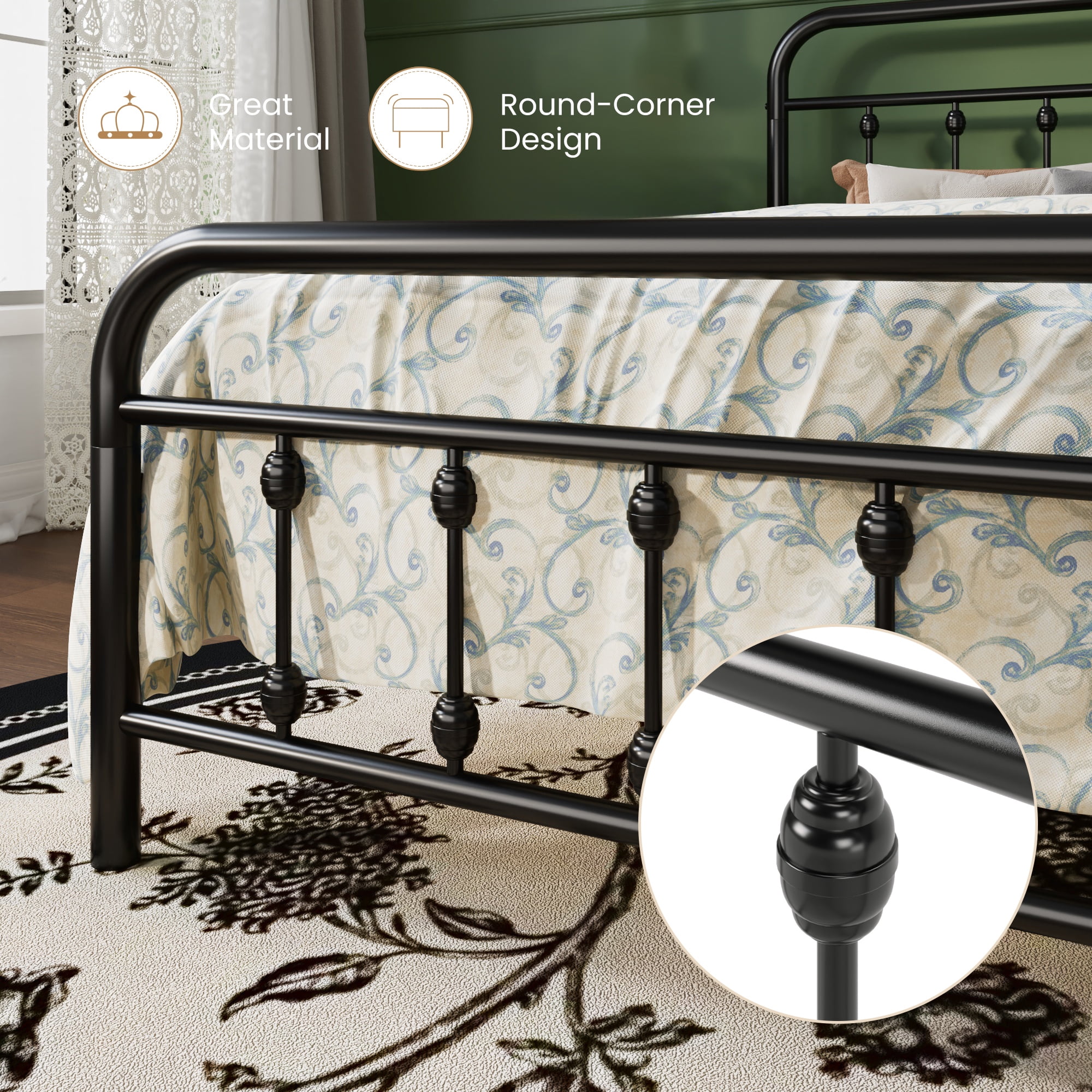 SHA CERLIN Queen Size Metal Platform Bed Frame with Victorian Style Iron-Art Headboard and Footboard, Easy Assembly, Under Bed Storage, No Box Spring Required, Black