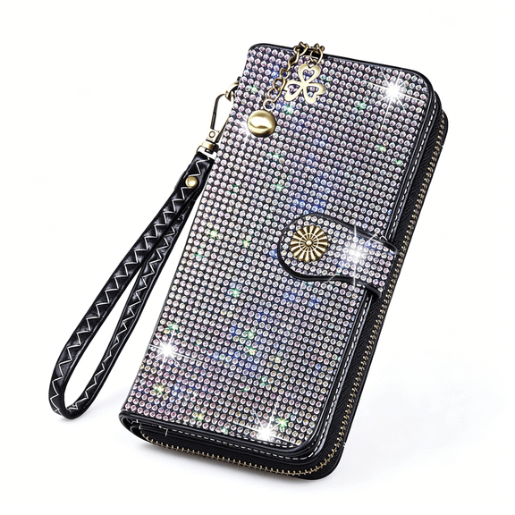 AOMRCOL Bling Rhinestone Womens Wallet Wristlet Clutch Handbags Sunflower Lucky Purse Credit Card Holder Large Capacity