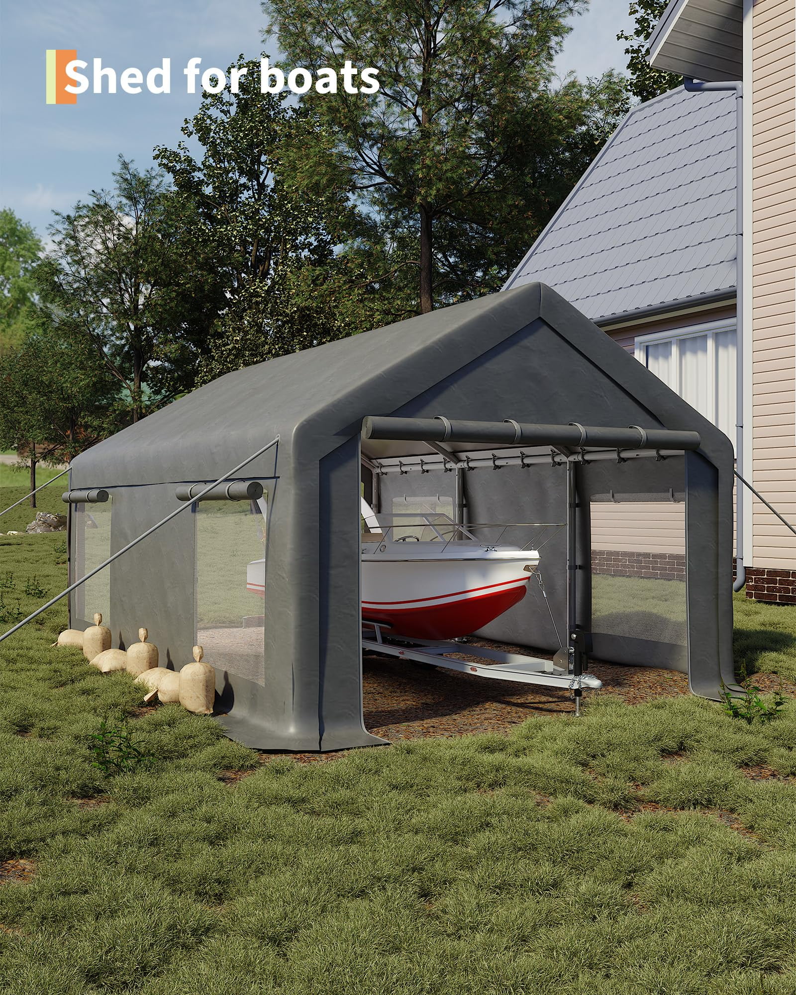 12 ft x 20 ft Heavy-Duty Portable Garage Carport with 200g PE Tarp, Dual Roll-Up Doors & 4 Windows, All-Weather Outdoor Shelter for Vehicles, Boats, Paint Booths & Events