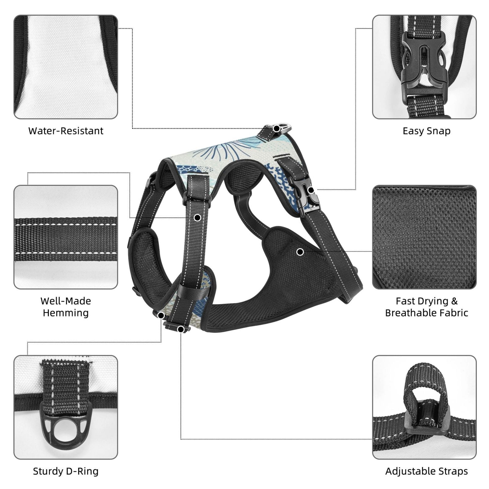 Vsdgher Algae Corals and Seashells Pattern Dog Harness,No Pull Pet Harness with Soft Padded Handle,Adjustable Reflective Vest with 2 Buckles,4 Slide Buckles,S-XL X-Large