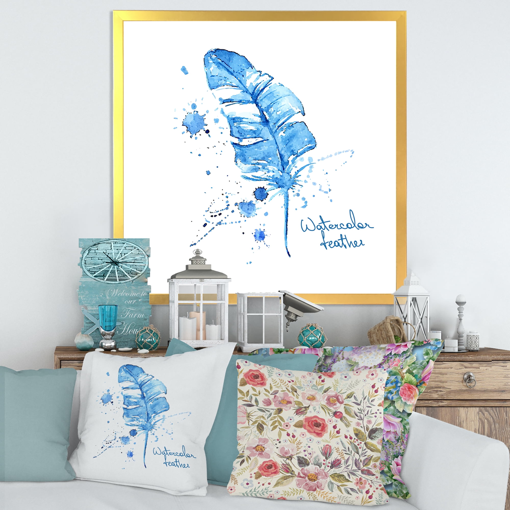 Designart 'Ethnic Blue Feather On White' Bohemian & Eclectic Framed Art Print