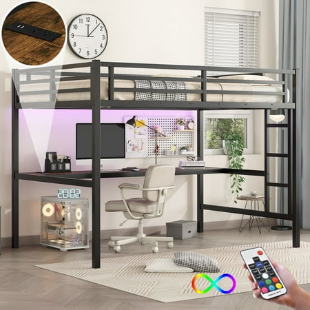Bellemave Full XL Loft Bed with Desk and LED Light, Heavy Duty Metal Loft Bed Frame with Power Outlet, Safety Guard & Ladder, Space-Saving, Noise Free, Black