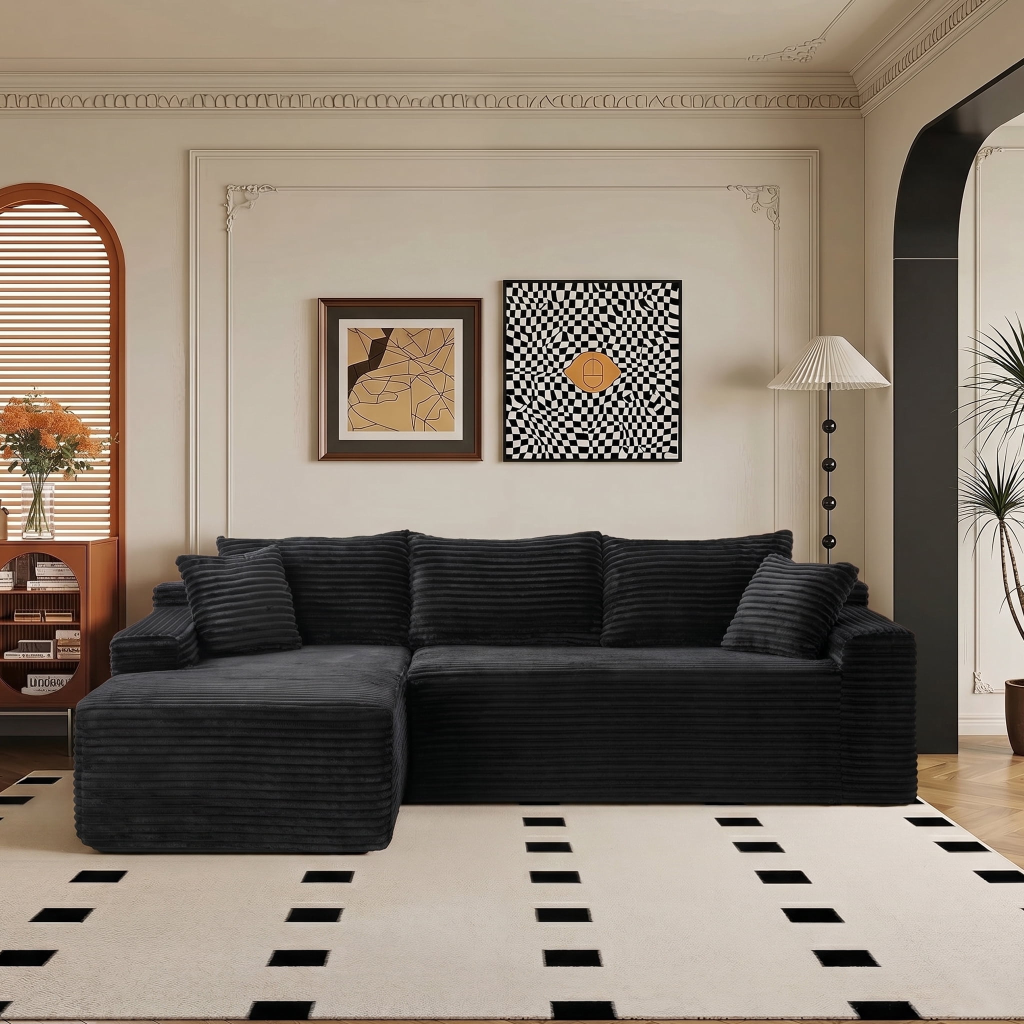 Xiweot 106" Cloud Sectional Sofa Deep Seat Boneless Couch L-Shaped Modular Couch, Modern Left Chaise Corduroy Upholstered Sofa with Side Pockets for Living Room, Black