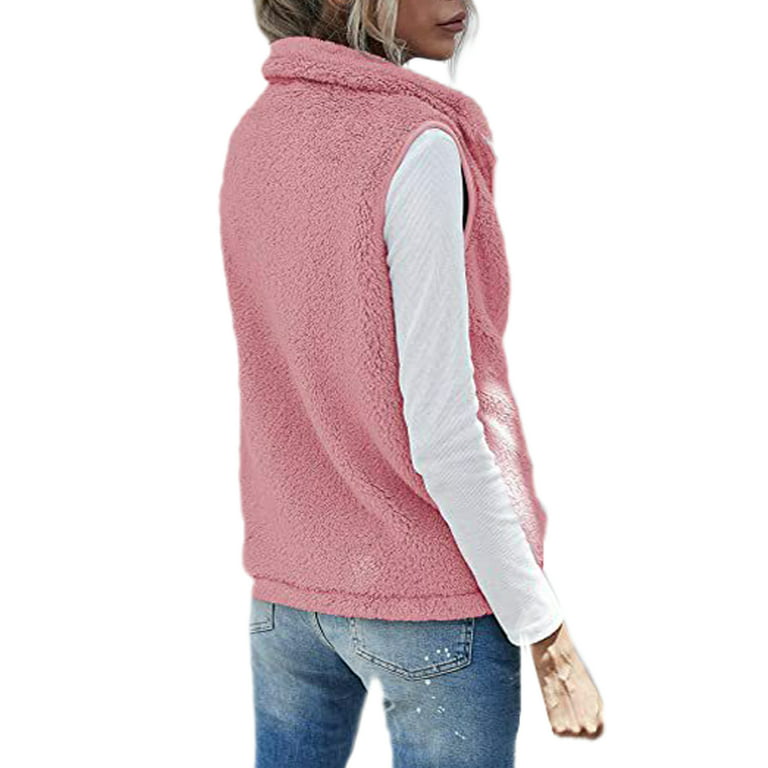 Frontwalk Fuzzy Fleece Sleeveless Jacket for Women Winter Zip Up Outwear  Waistcoat Solid Color Warm Vest With Pockets Pink XL