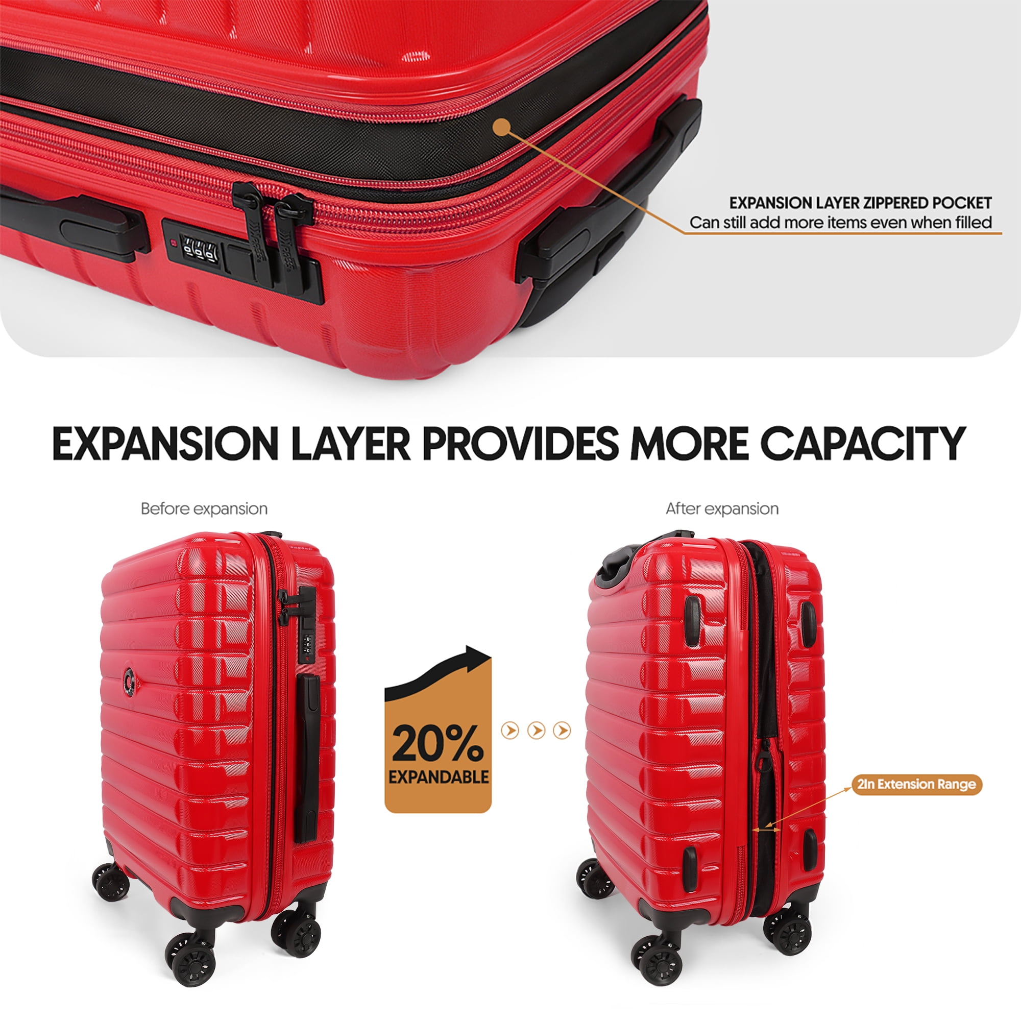20 Inch Carry on Luggage for Airplane Lightweight Expandable Hardshell Suitcsae with Spinner Wheels and TSA Lock, Red, LA13601