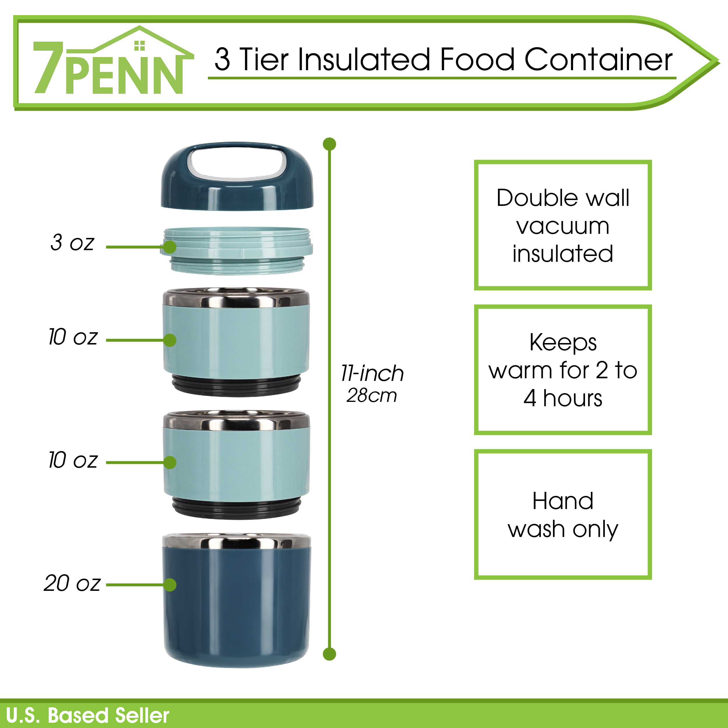 7Penn Insulated Lunch Box Containers 43 oz Capacity - 3 Tier Stackable  Stainless Steel Thermal Lunch…See more 7Penn Insulated Lunch Box Containers  43