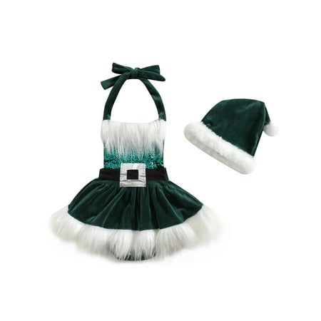 

goowrom Baby Christmas Romper Dress Sleeveless Plush Velvet Sequins Tutu Dresses with Hat