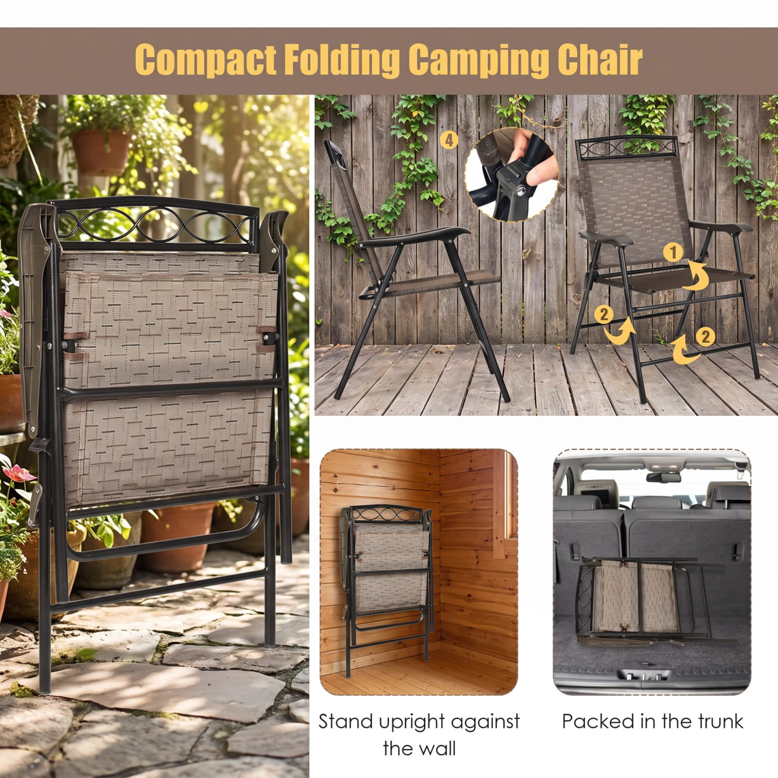 Furnibear Patio Folding Chairs Set of 4, Steel Frame, Black, 250 lbs Capacity per Chair, Weather-Resistant Outdoor Furniture